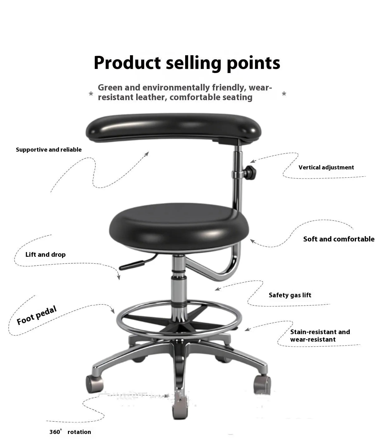 Black leather dental examination chair for clinical environments