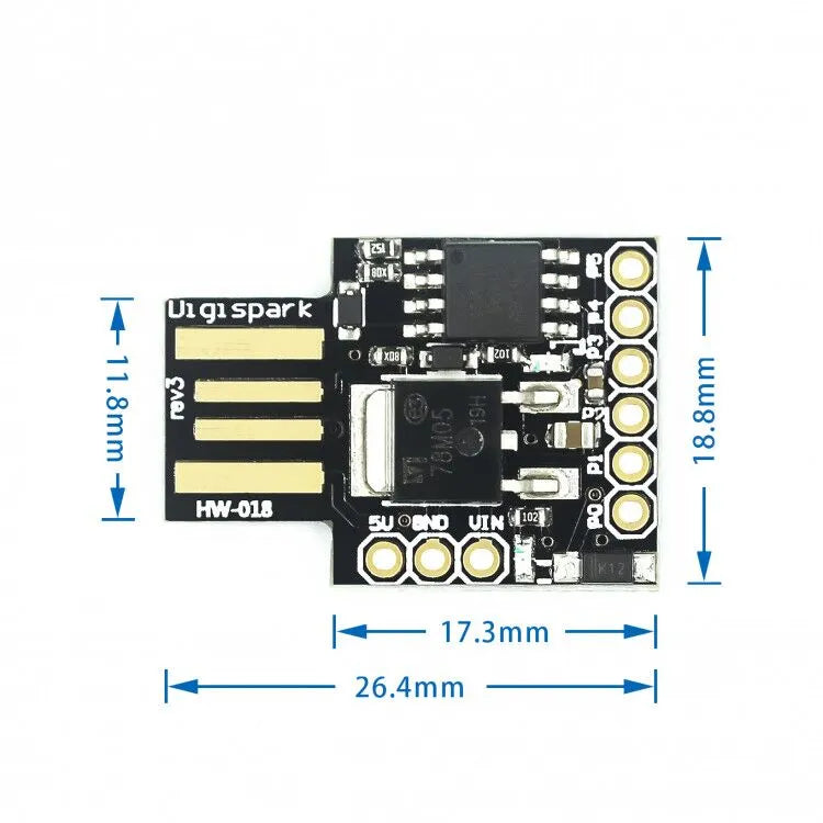 Micro USB development board black with USB port, 6 I/O pins, and onboard LEDs