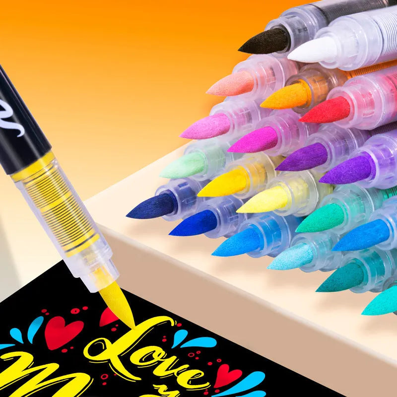 Set of straight liquid acrylic marker pens with soft heads, showing multiple colour options for art and graffiti.