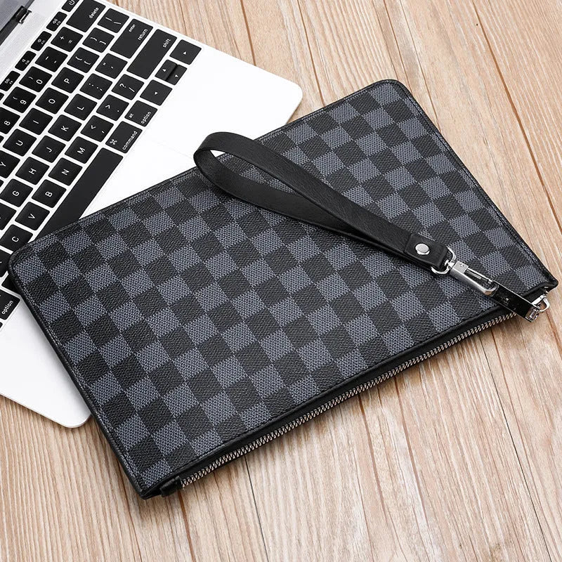 Men's soft PU leather clutch wallet with card slots and checkered pattern options