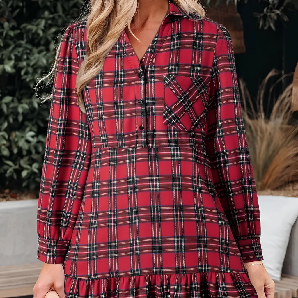 Red plaid shirt collar mini dress with long sleeves, half-button front, and ruffle hem.