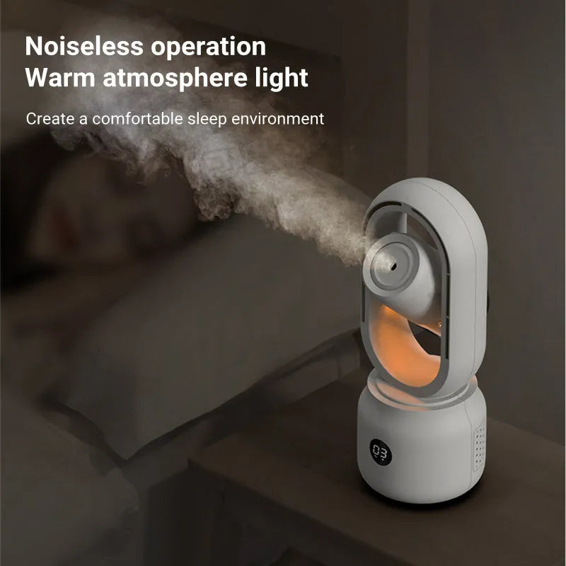 White bladeless table fan with humidifier tank on a desk, showing USB port and control buttons.