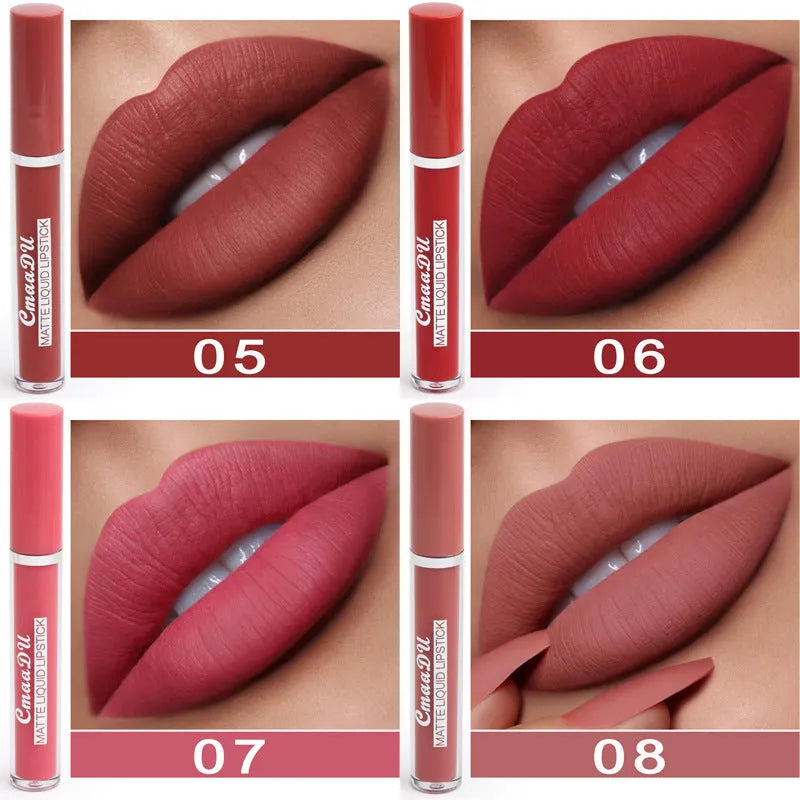 Box containing 10 women's non-stick cup waterproof matte lipsticks in assorted photo colours.