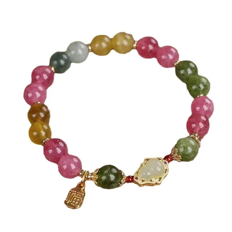 Colourful tourmaline gourd blessing card bracelet for women with electroplated finish