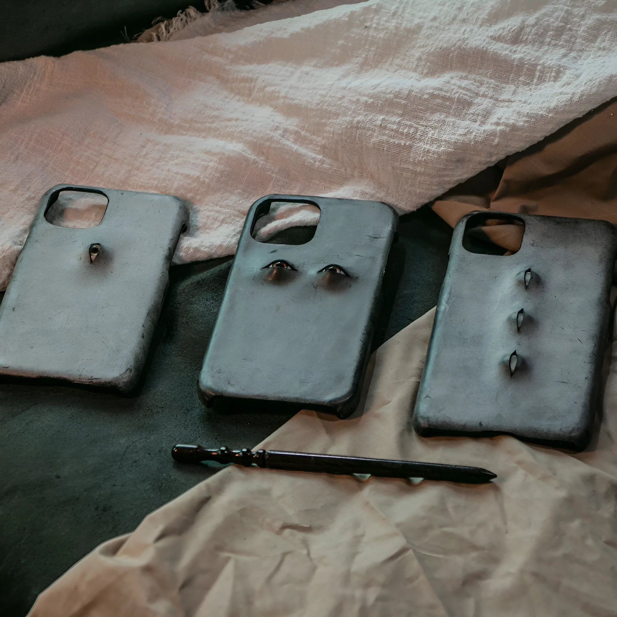 Vintage distressed cowhide leather phone case with textured grip, compatible with iPhone models 15 to 8 Plus, single eye style