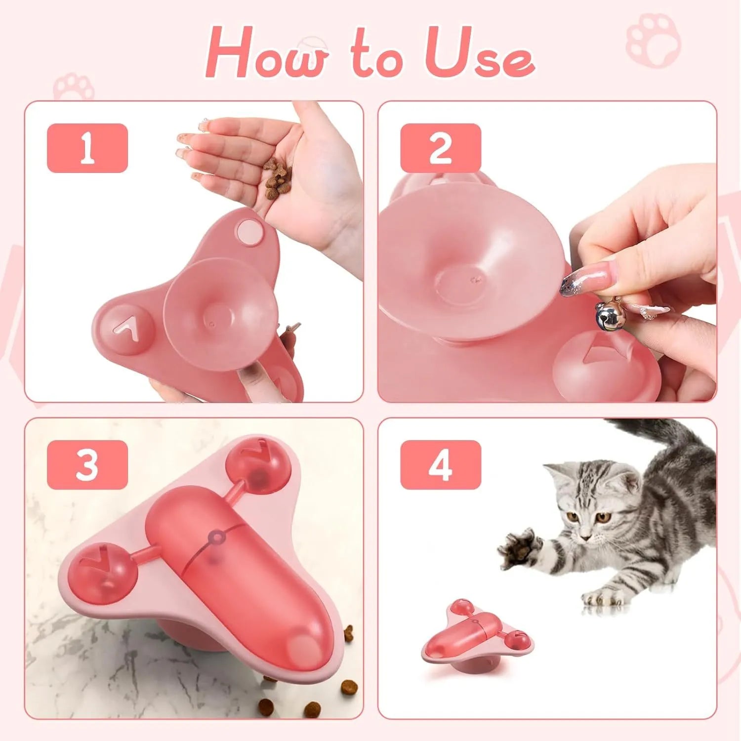 Blue interactive pet puzzle toy with bell, catnip holder, and snack dispenser on a smooth floor.