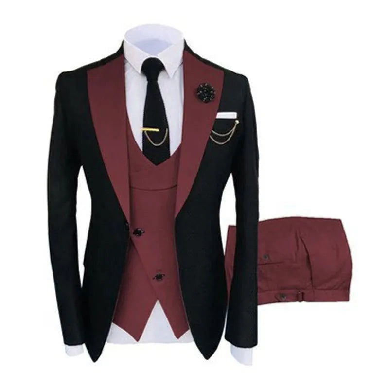 Men's slim fit three-piece cotton business suit with coat, vest, and trousers for formal occasions