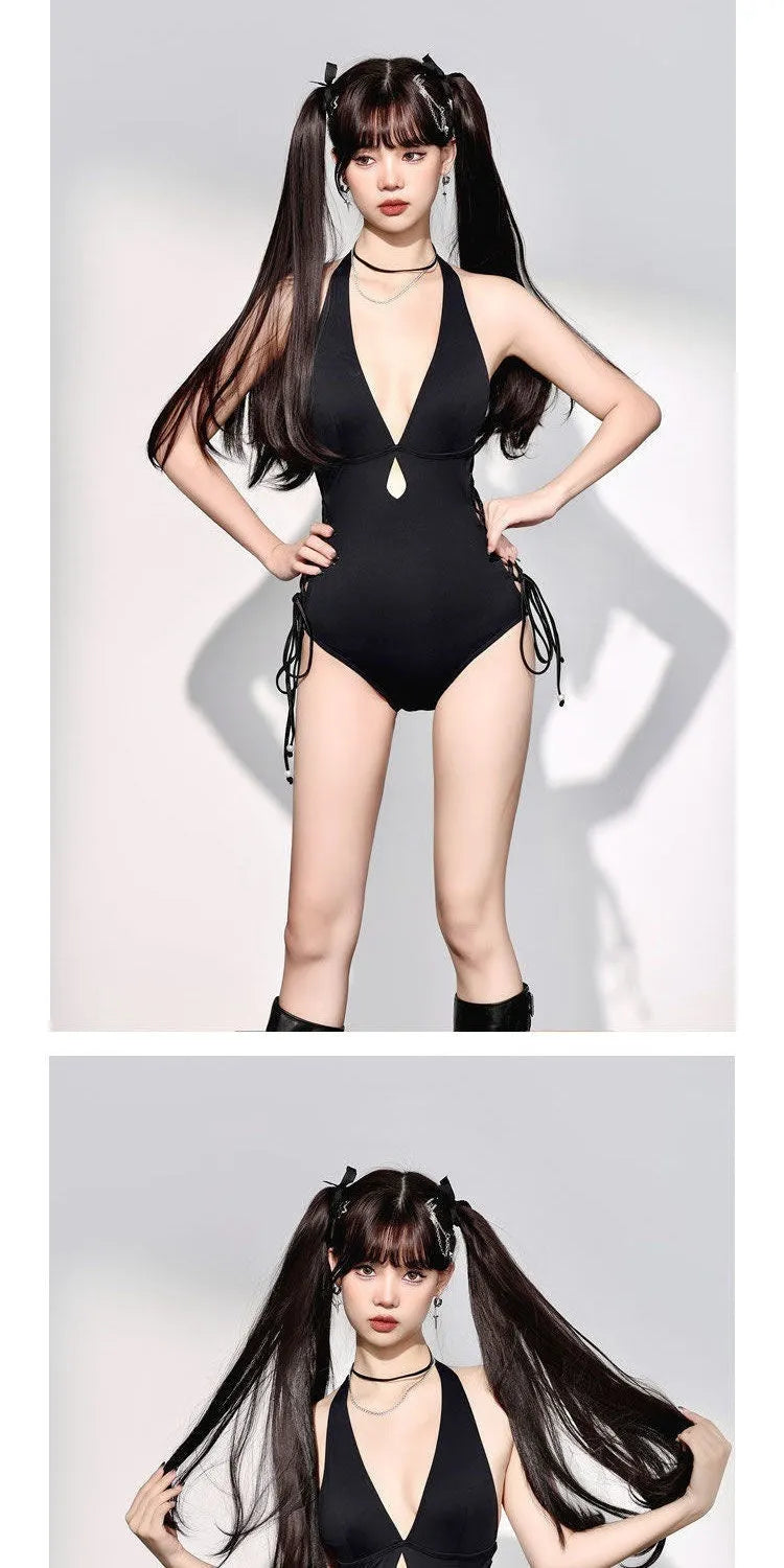 Black women's V-neck one-piece swimsuit with hollow strap design