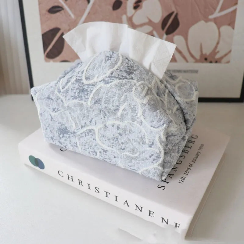 Chinese style floral print cotton fabric tissue box in beige, blue, or brown, 17cm long.