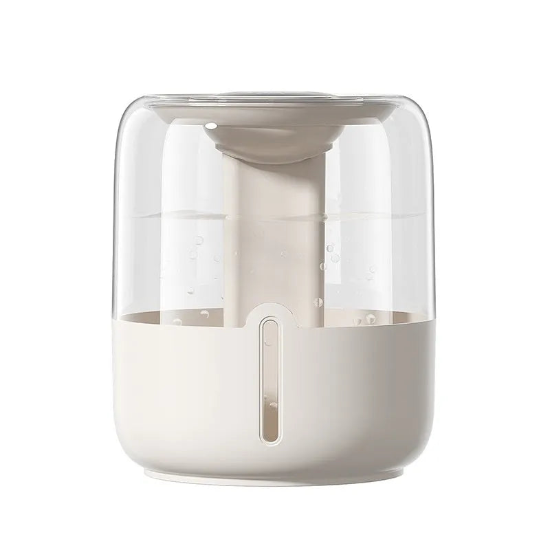 Round beige humidifier with USB port, dual spray nozzles, humidity display, and night light