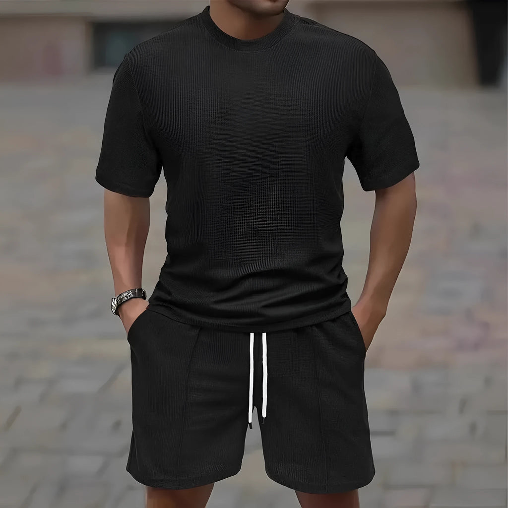 Men's apricot waffle texture short sleeve blouse and matching shorts laid flat.