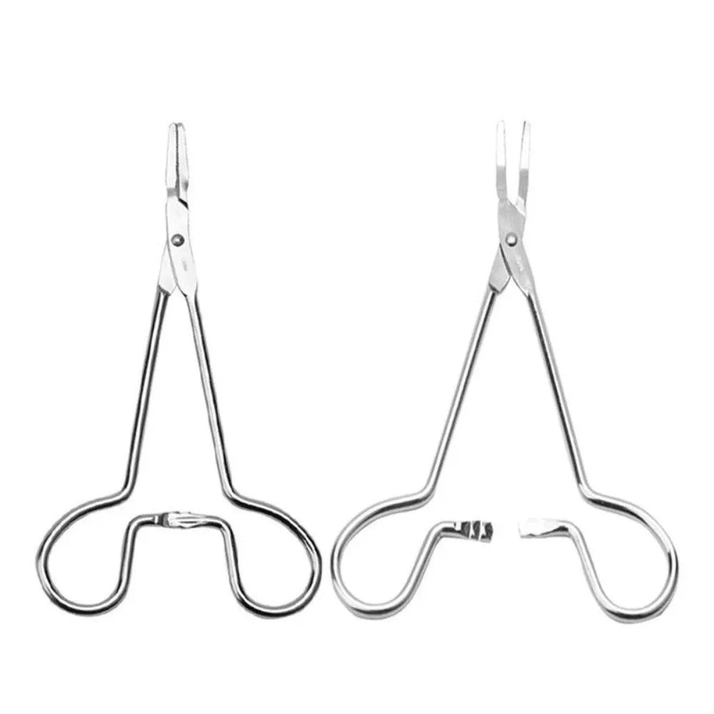 Silver stainless steel pet ear tweezers with ergonomic anti-slip handle for dog and cat ear hair removal.
