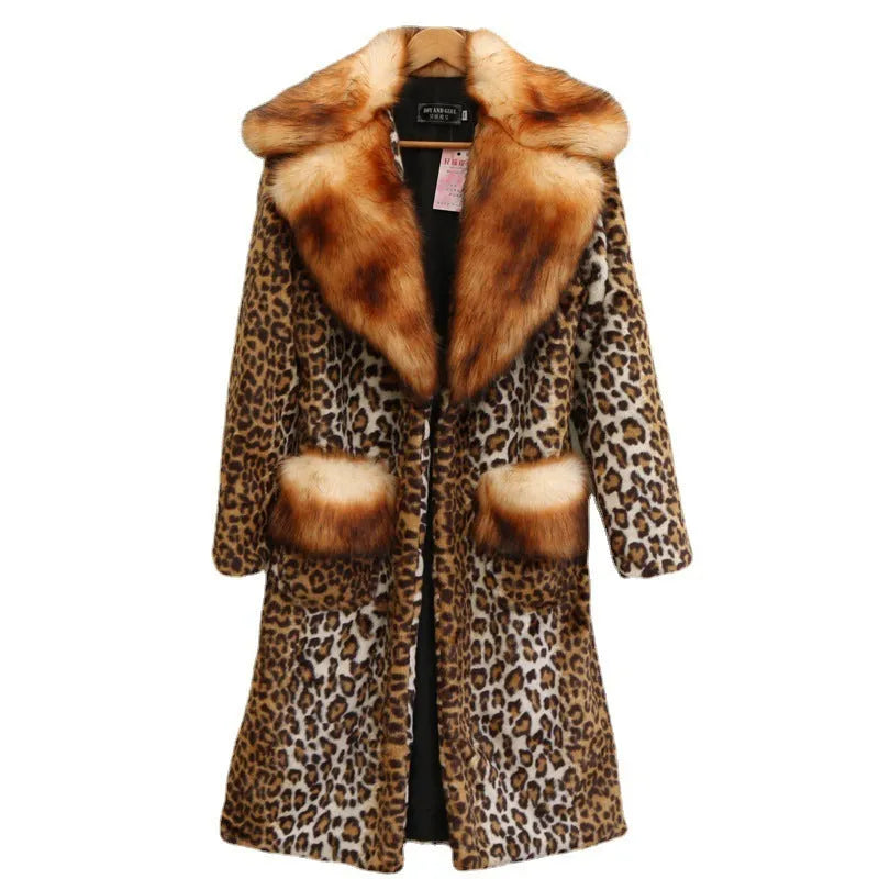 Long women's leopard print faux fur jacket with regular sleeves on a model.