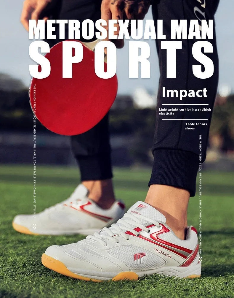 White table tennis sneakers with mesh upper and rubber sole in red or blue accents