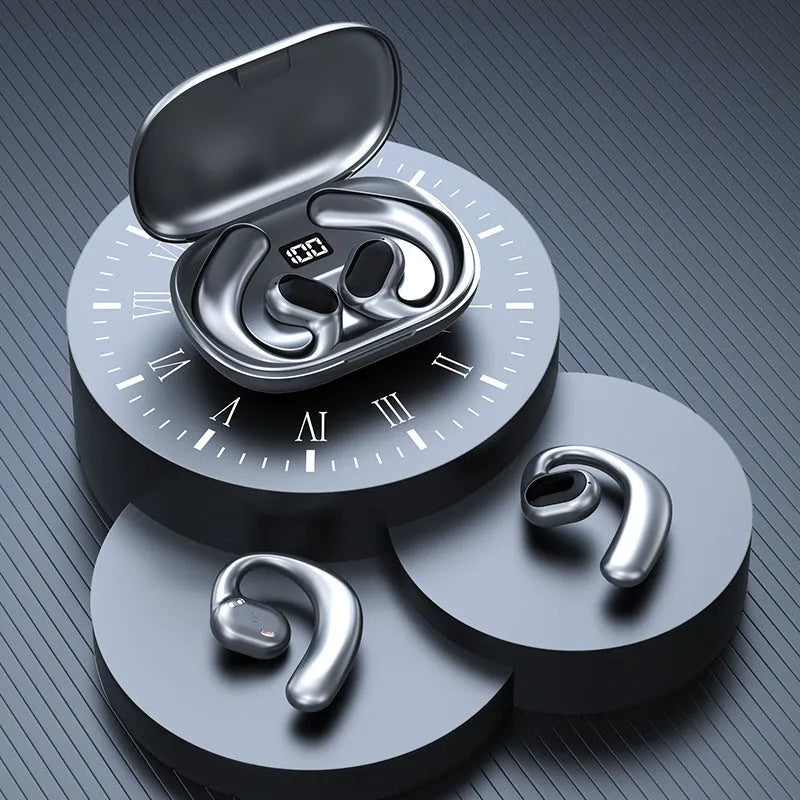 Black and white ear-mounted Bluetooth headset with a digital display screen on the side.