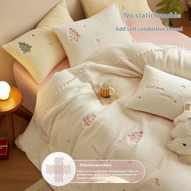 Princess style milk fibre bedding set with green Christmas tree print on a bed, showing quilt cover and pillowcases.