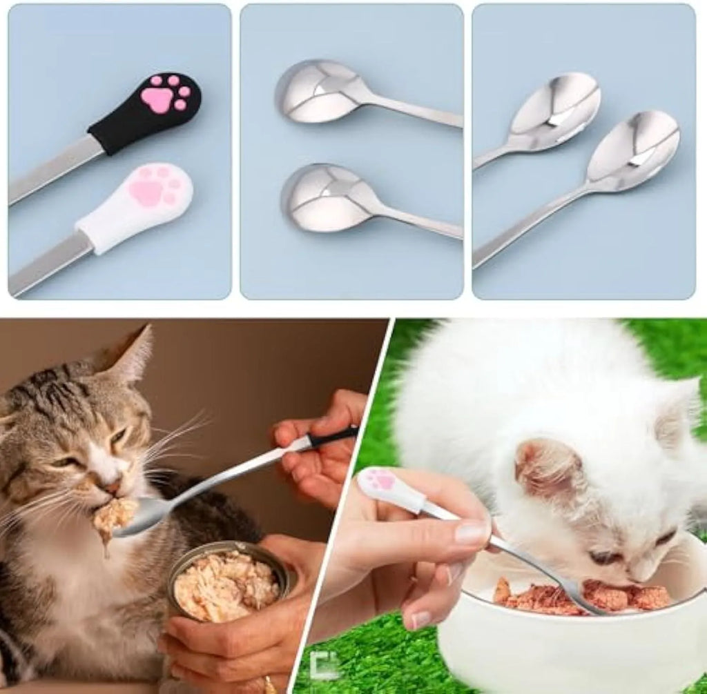 White and black stainless steel pet food spoons with cat paw print and silicone grip