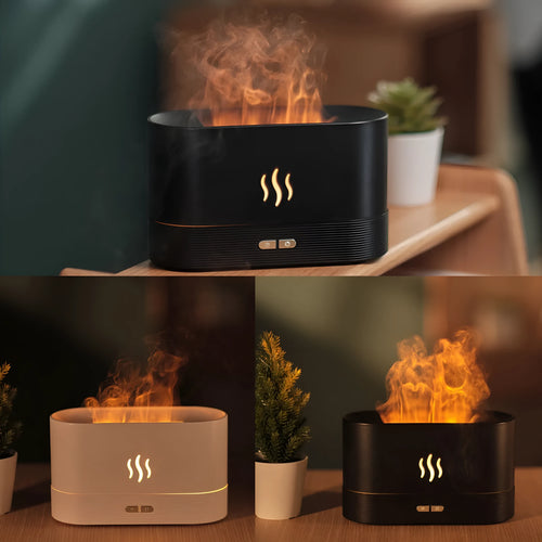 Black square aroma diffuser with flame light effect and mist output