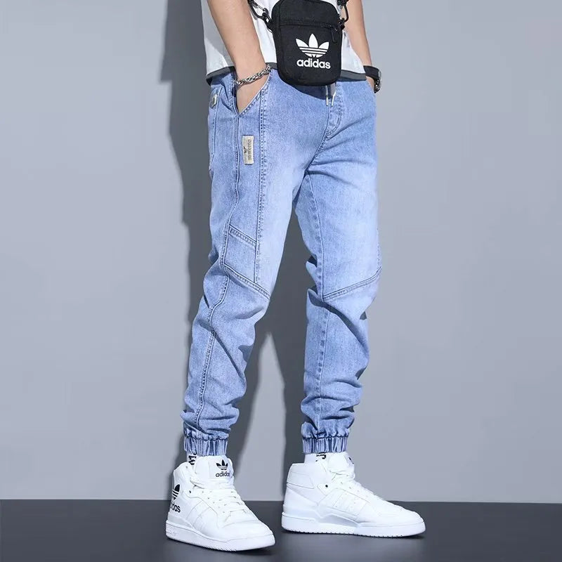 Men's slim fit ankle-tied harem jeans in blue, black, and gray – straight-leg cotton denim trousers