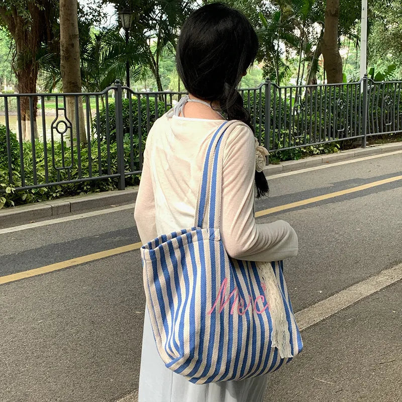 Blue striped letters printed cotton canvas shoulder bag with pink blue white stripes