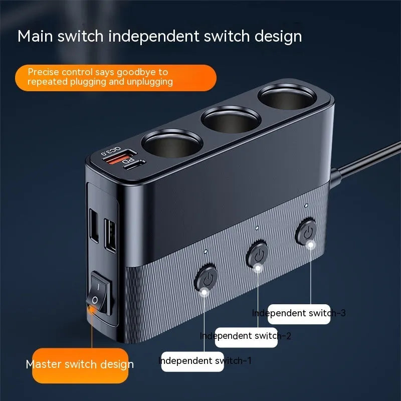 C28 black vehicle cigarette lighter adapter with USB, PD and QC3.0 charging ports