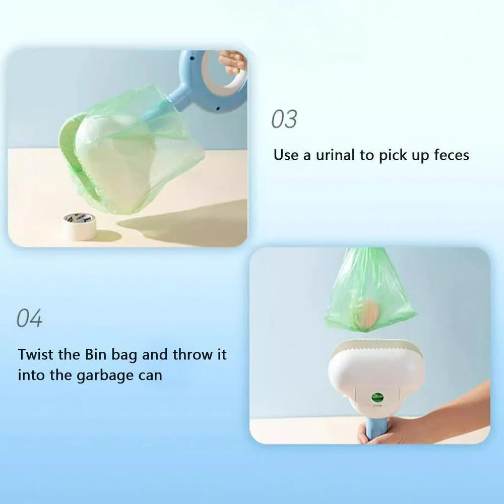 Blue and yellow ABS plastic dog pooper scooper with a cloud-shaped jaw on a white background.