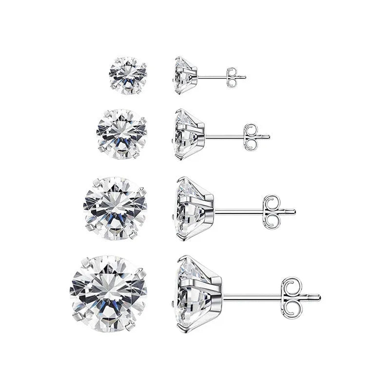 Titanium steel square geometric zircon stud earrings in gold or steel finish with multiple stone sizes