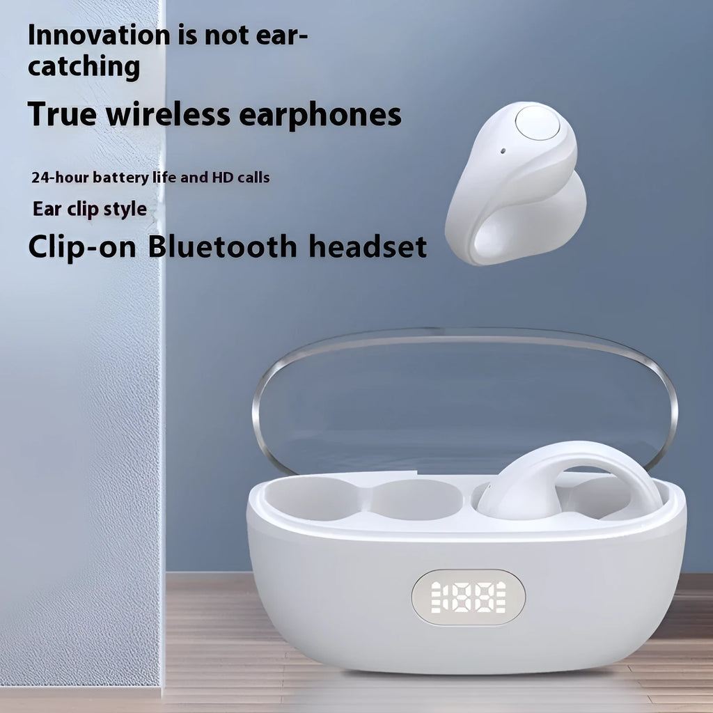 Large power clip-on wireless sports earphones in black with bone conduction and digital display