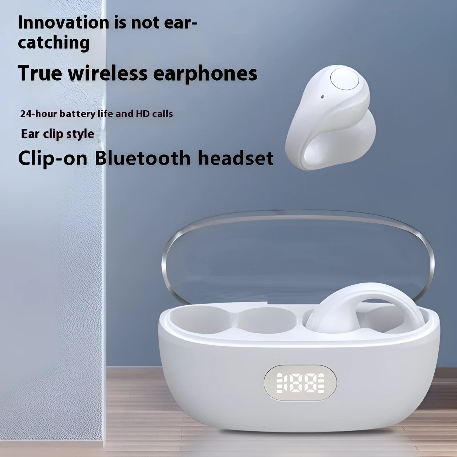 Large power clip-on wireless sports earphones in black with bone conduction and digital display