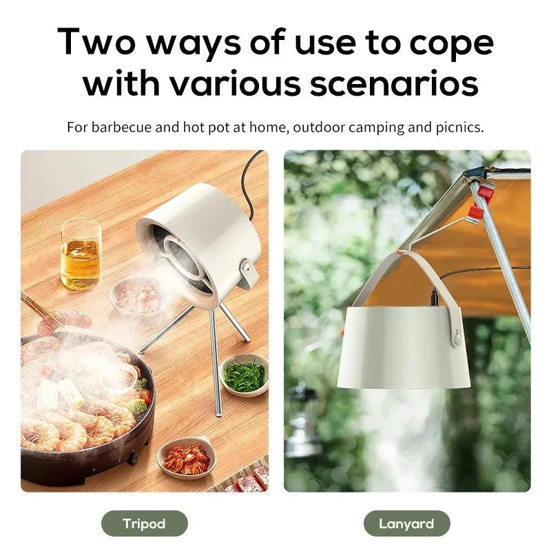 Milky white portable desktop exhaust fan with tripod stand and removable filter for kitchen smoke extraction