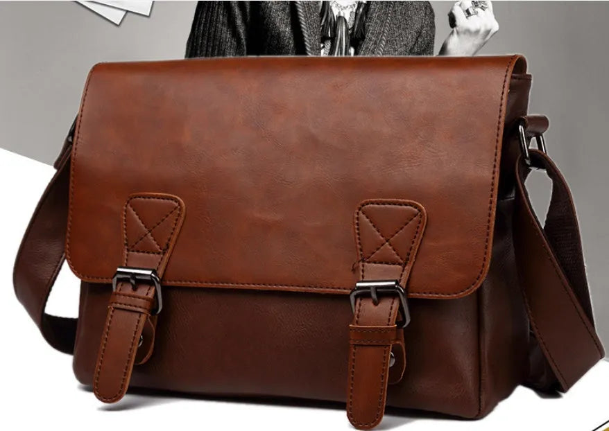 Men's one-shoulder vintage satchel bag in PU leather with plaid pattern, black colour, compact travel size