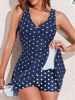 Blue polka dot print plus size women's bikini swimsuit with split skirt design