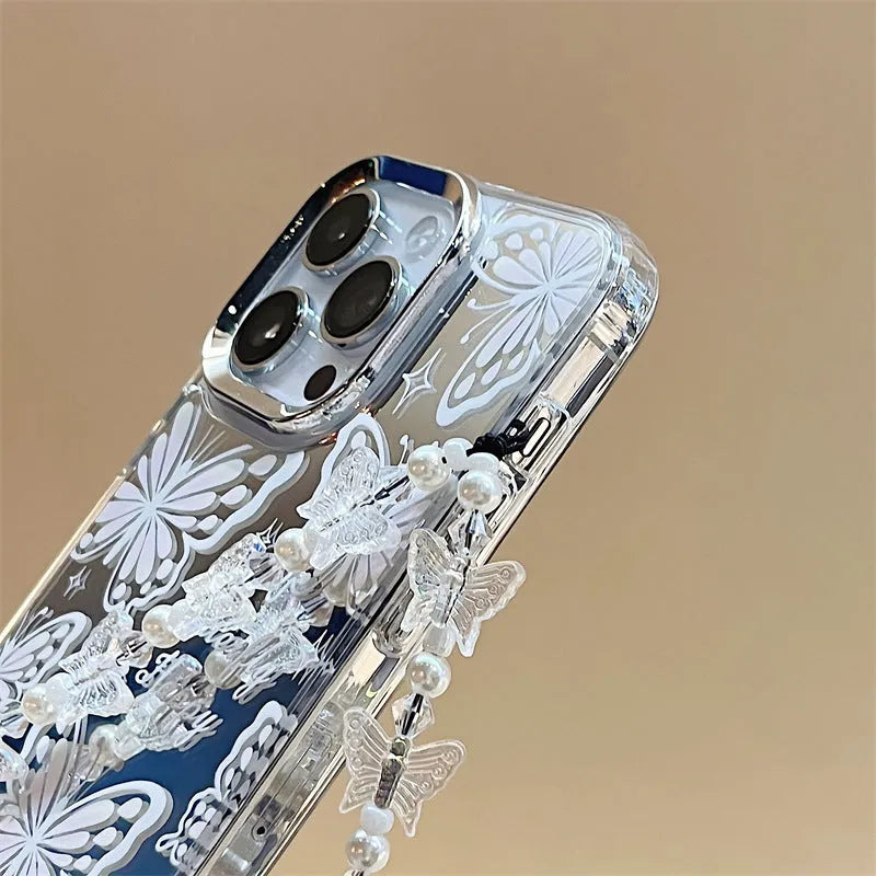 Transparent iPhone case with three-in-one mirror design and bow decoration for iPhone 15 Pro Max