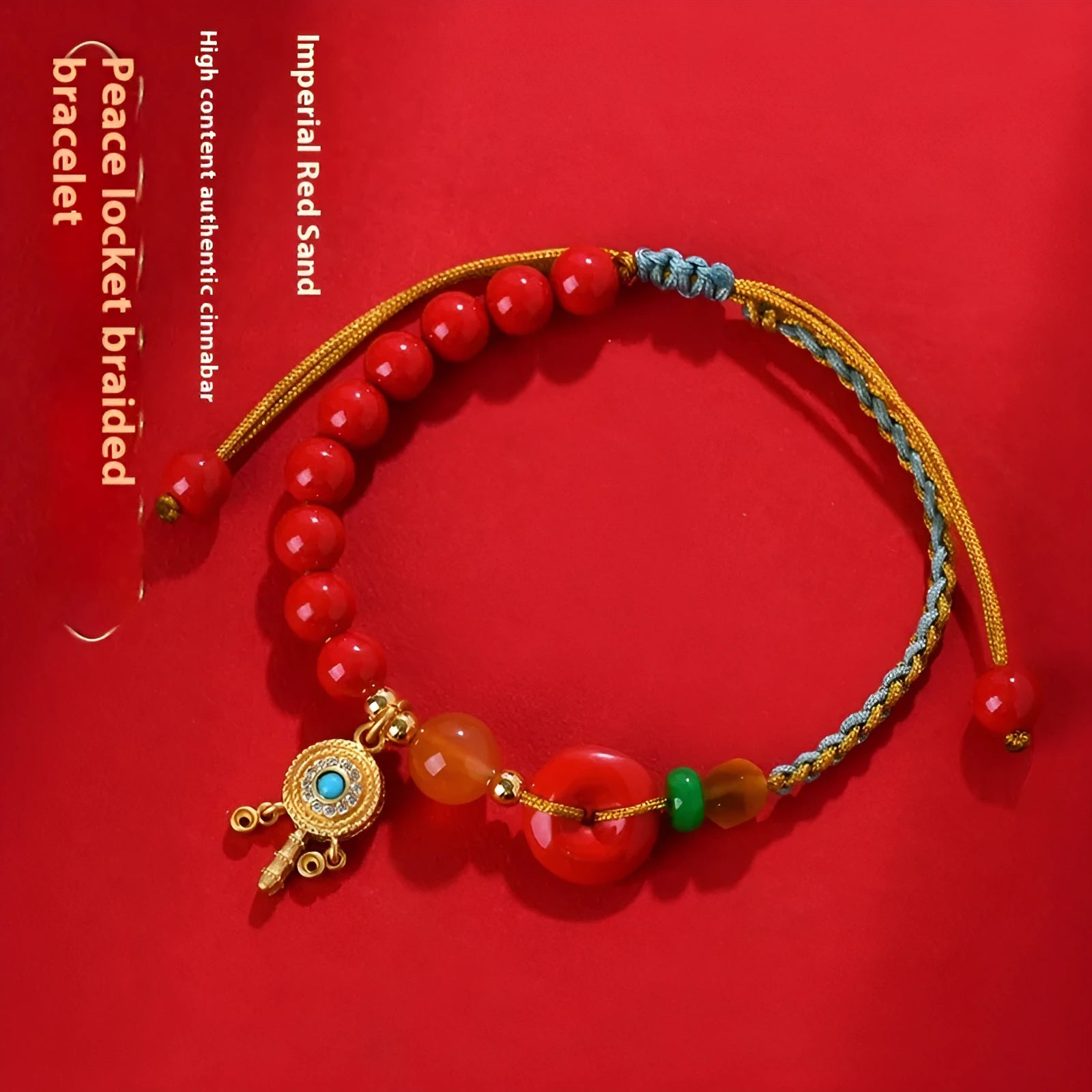 Women's cinnabar peace buckle bracelet in emperor red sand colour with hand-woven national style geometry design