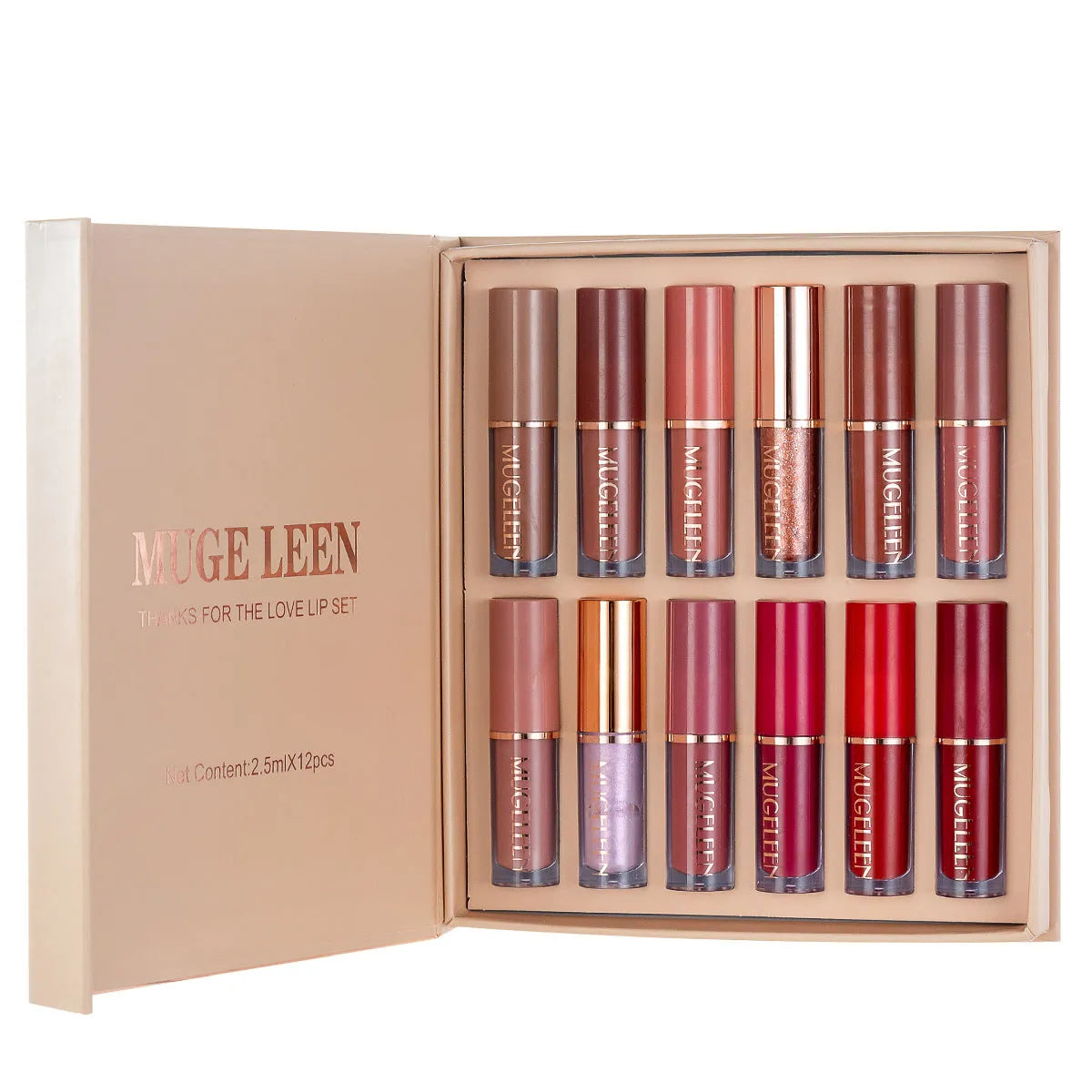 Matte shimmer lip glaze set with 12 lipsticks in nonstick cup packaging