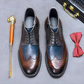 Men's curry blue leather brogue boots with front lacing and a low square heel