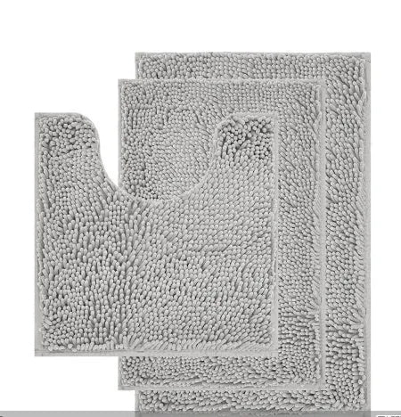 Three-piece chenille toilet mat set in green with a U-shaped piece, rectangular mats, and TPR anti-slip backing.