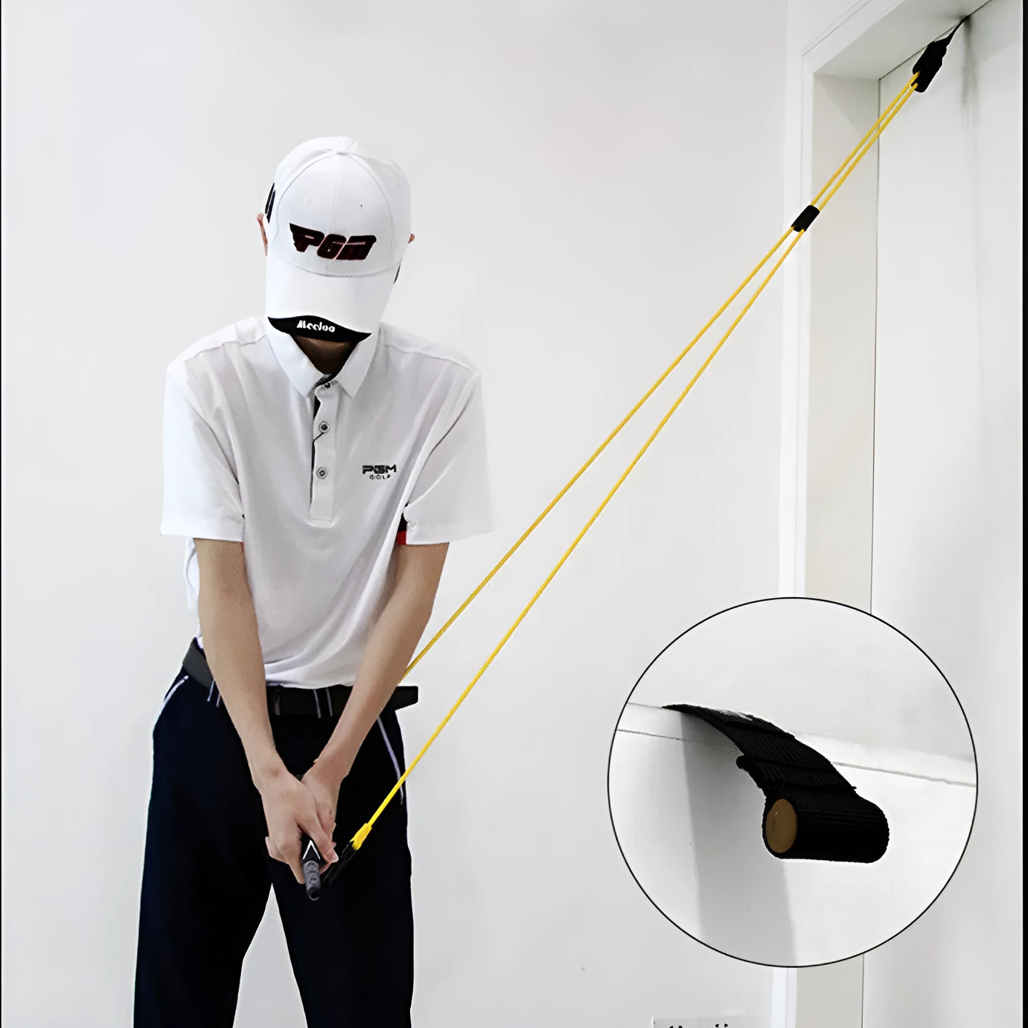 Yellow latex swing tensioner with safety door buckle and carry bag for posture training