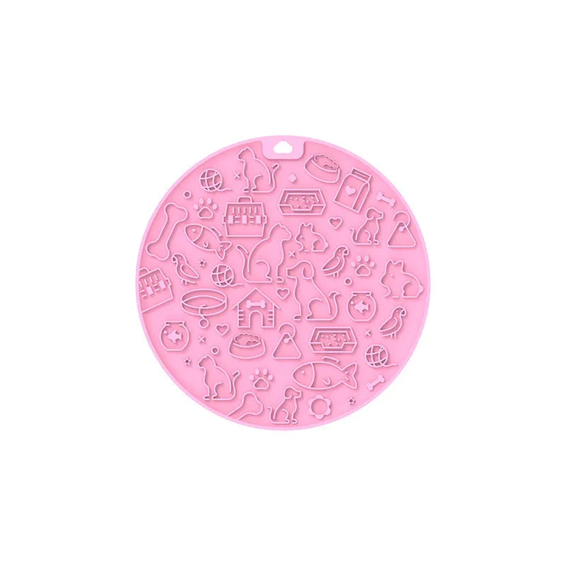 Round silicone pet licking mat with textured surface and central sucker in blue colour option