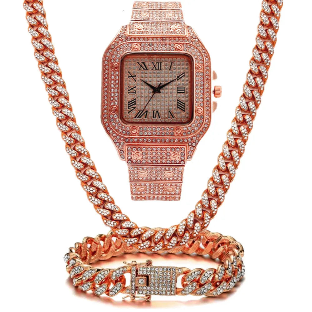 Roman grain graduation quartz watch set with square diamond-studded dial and black mesh band