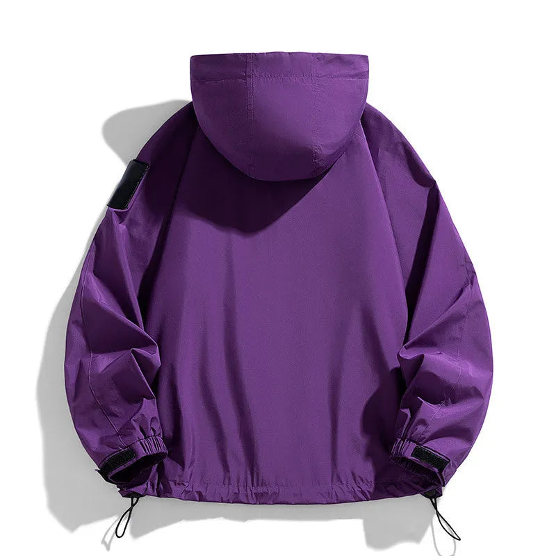Men's black hooded windproof waterproof coat with long sleeves, shown in a regular length cut.