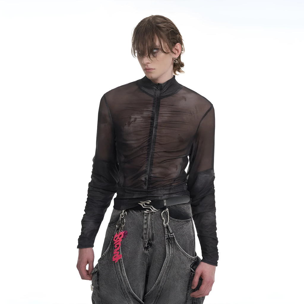 Men's black grey long-sleeved T-shirt featuring a half-turtleneck collar with a mesh zipper detail
