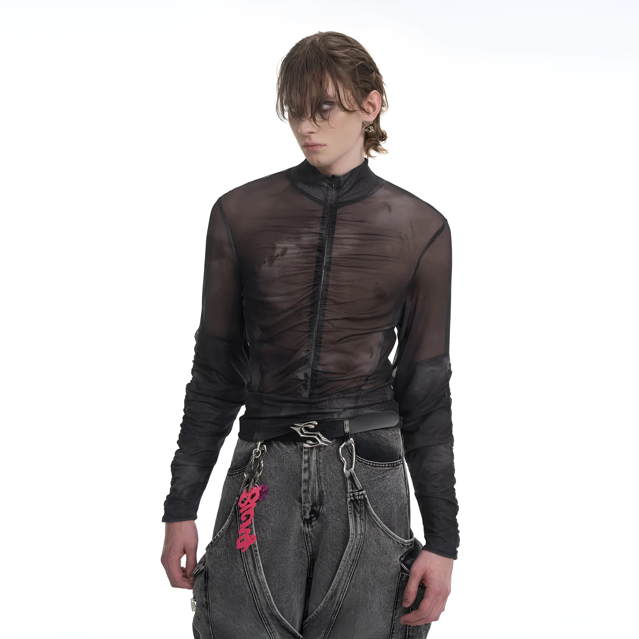 Men's black grey long-sleeved T-shirt featuring a half-turtleneck collar with a mesh zipper detail