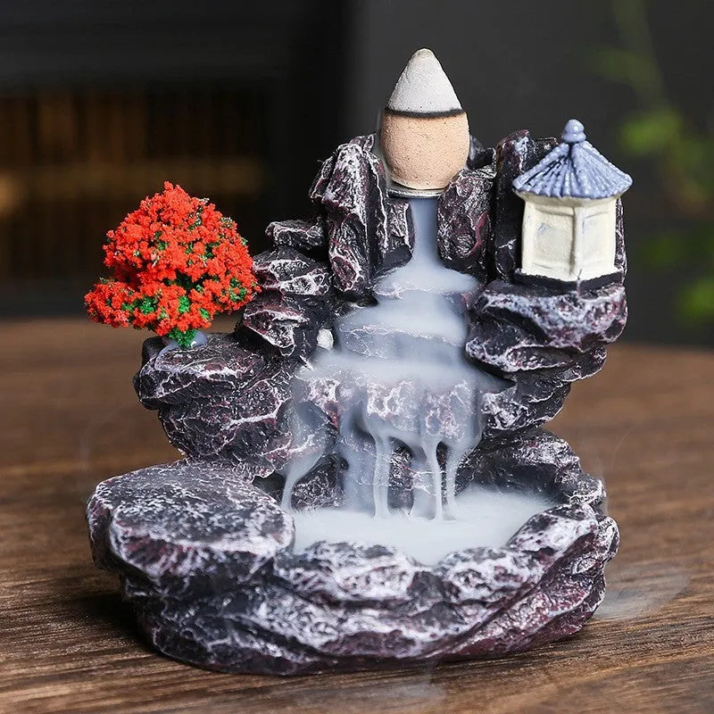 Ceramic backflow incense burner with tree ornament design in green, mangrove, pink or white colour options