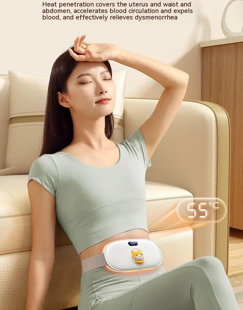 Rechargeable stomach heating pad with cute cat beige flannel cover showing 2000mAh battery and 45-65°C adjustable temperature