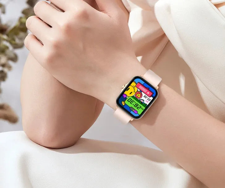 Smart watch with 1.7-inch colour touch screen on adjustable strap, shown in black, blue, or gold.