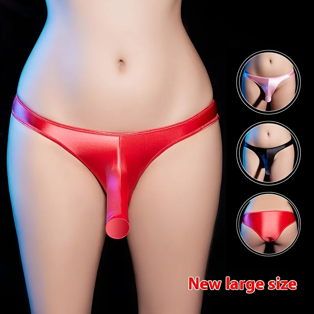 Men's low waist T-back underwear in shiny black nylon fabric.