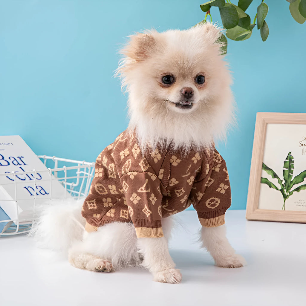 A thick wool dog sweater for winter in a choice of monochrome or two colours, shown in size L.
