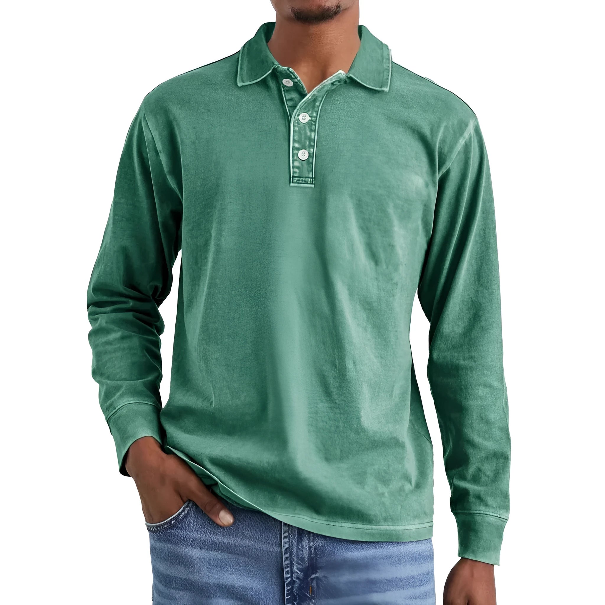 Man wearing a retro washed army green long sleeve polo shirt with a lapel collar and distressed detailing.