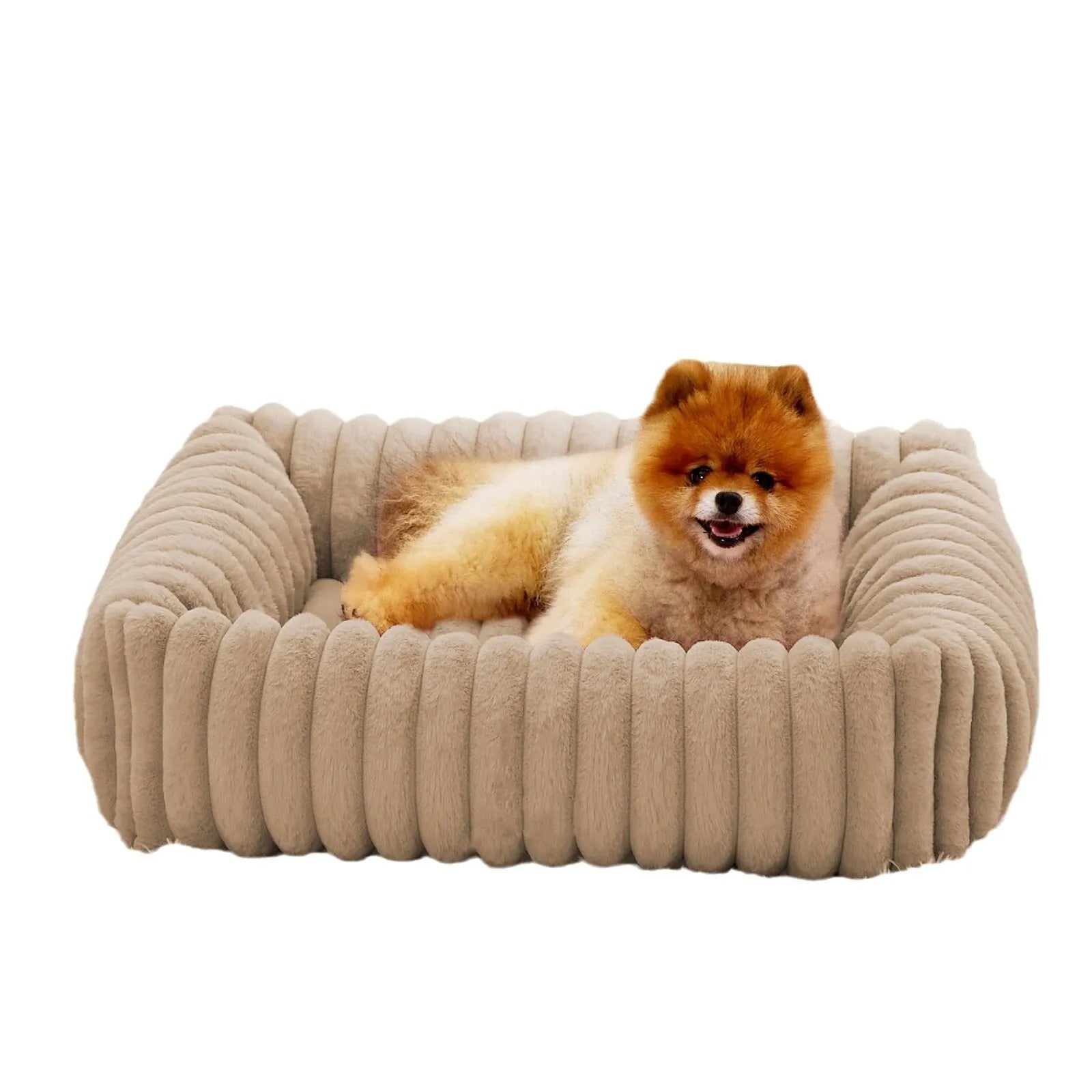 A beige winter-warm cushioned pet bed for cats and dogs on a wooden floor.